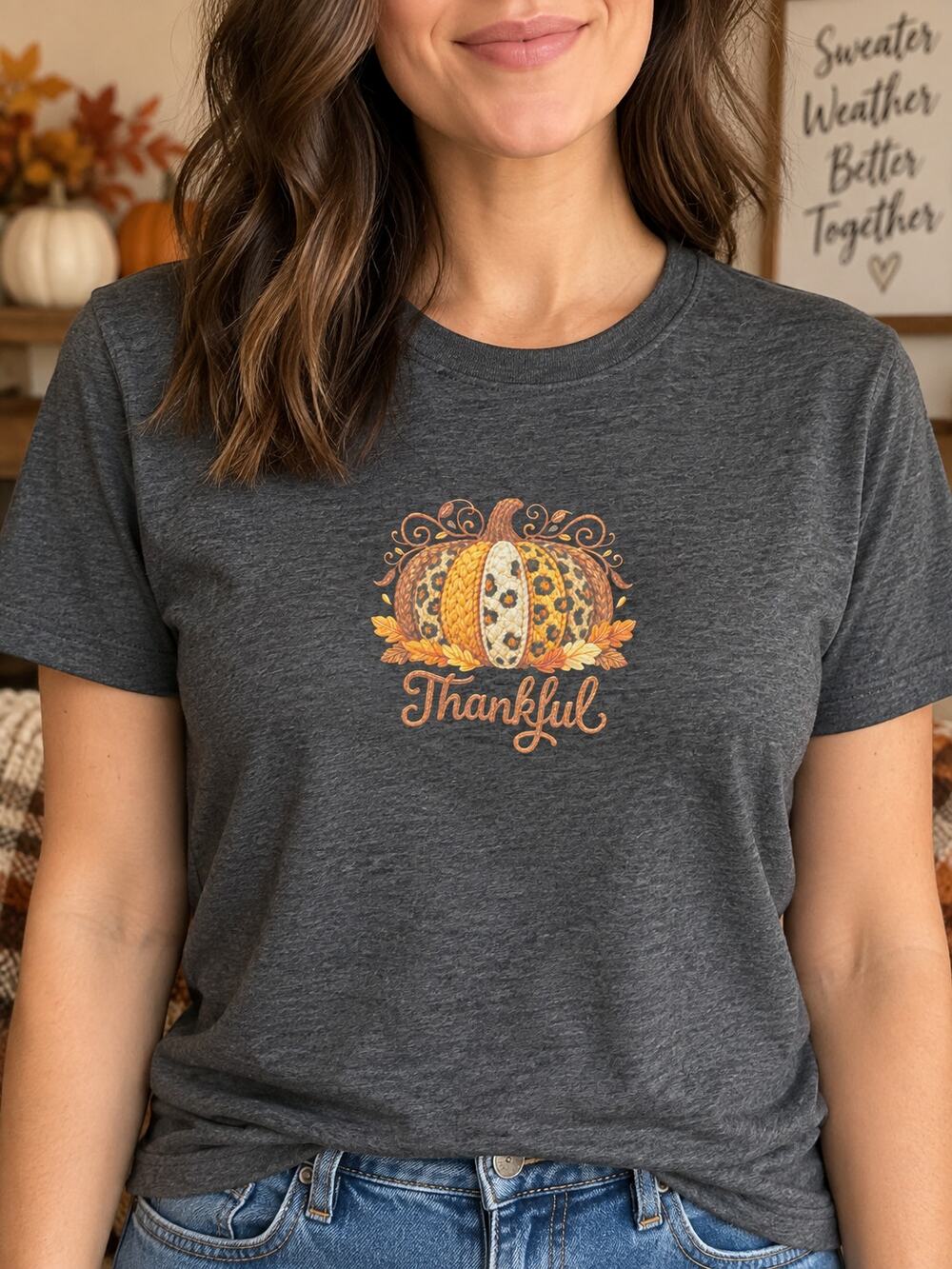 Custom Gildan Softstyle Thankful Leopard Pumpkin T-Shirt Medium NWOT